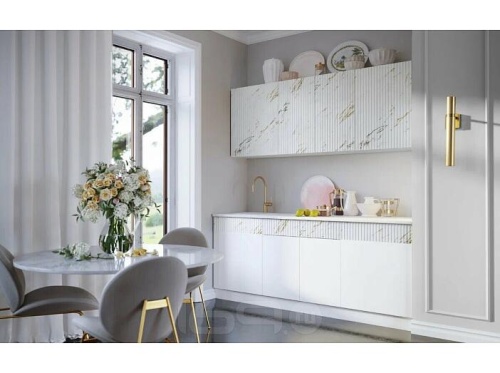 Кухонный гарнитур Оливия белый глянец, мрамор золото 2000x2000x600